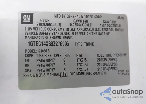 2008 GMC Sierra 1500 Work Truck из США, поврежденный, VIN 1GTEC14X38Z276996